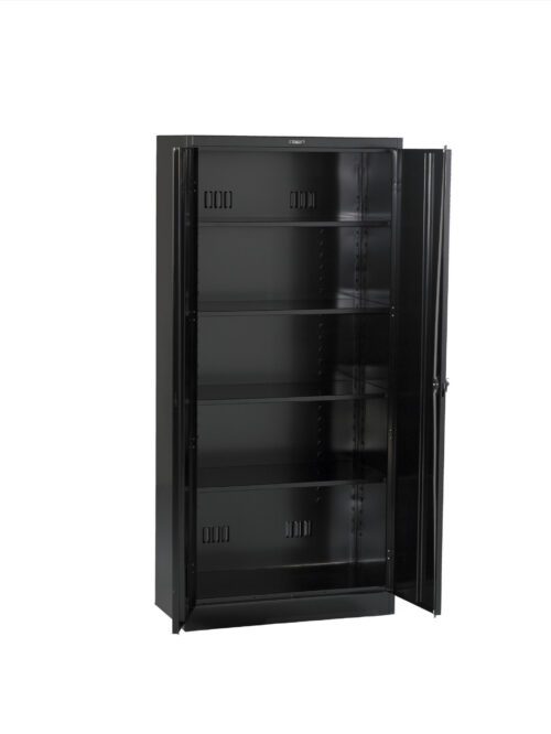 A black metal cabinet with two open doors and five shelves. The interior is empty, displaying the adjustable shelving system. The cabinet has a sleek, matte finish and is placed against a plain white background.