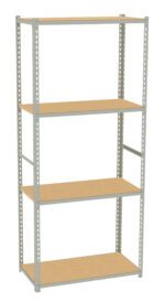 A metal shelving unit with four wooden shelves is depicted. The frame is composed of gray metal, with perforated sides for adjustable shelf placement. The design is simple and utilitarian, suitable for storage or organization.