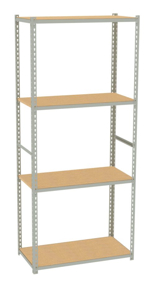 A metal shelving unit with four wooden shelves is depicted. The frame is composed of gray metal, with perforated sides for adjustable shelf placement. The design is simple and utilitarian, suitable for storage or organization.