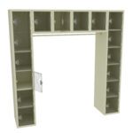 Beige metal locker unit forming a U shape. It has 20 compartments: 4 on the top and 16 forming the sides. One compartment on the left is open, revealing its empty interior. Each compartment has a transparent door with a latch.