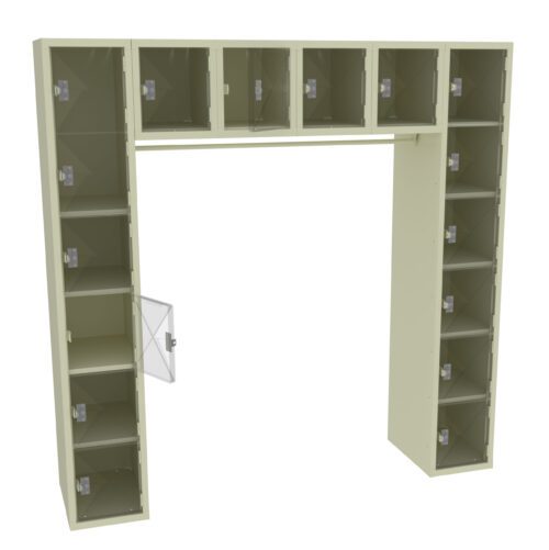 nhjpyhynrzoohprd5lnm.jpg Beige metal locker unit forming a U shape. It has 20 compartments: 4 on the top and 16 forming the sides. One compartment on the left is open, revealing its empty interior. Each compartment has a transparent door with a latch.