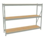 A metal shelving unit with three wooden shelves, designed for storage or organization. The frame is made of light gray metal with diagonal supports for stability. The shelves are evenly spaced and unoccupied.