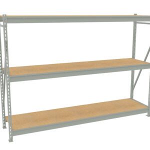 A metal shelving unit with three wooden shelves, designed for storage or organization. The frame is made of light gray metal with diagonal supports for stability. The shelves are evenly spaced and unoccupied.