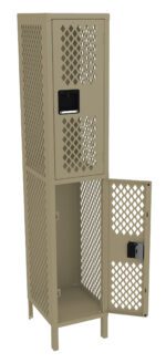 Tall, tan metal locker with lattice-style perforations. The upper compartment is closed, while the lower compartment door is open to show the interior. Each compartment has a black lock mechanism.