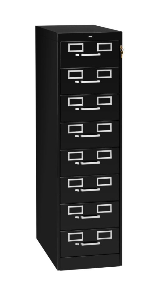 A black, tall, five-drawer filing cabinet with sturdy metal handles and a lock on the top drawer. The cabinet stands on a plain white background, and each drawer features a label holder.