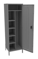 A tall, gray metal cabinet with one door open, revealing multiple shelves on the left and a vertical space with a hanging rod on the right. The door has ventilation slits and a lock.