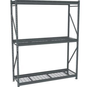 A large gray metal storage rack with three shelves. The frame has vertical supports and cross-braces, providing stability. Each shelf consists of a grid-like metal structure for strong support. The rack is empty against a white background.