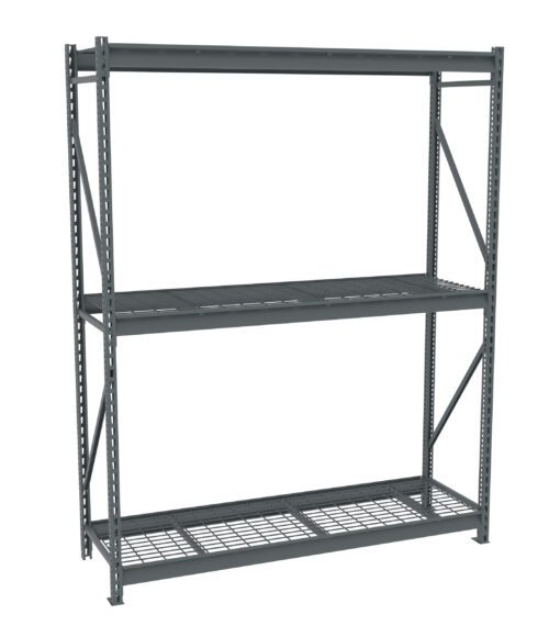 A large gray metal storage rack with three shelves. The frame has vertical supports and cross-braces, providing stability. Each shelf consists of a grid-like metal structure for strong support. The rack is empty against a white background.