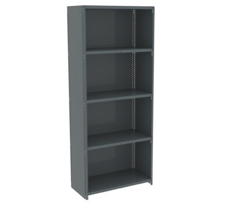 A tall, grey metal shelving unit with five evenly spaced shelves. It has a simple, industrial design and is freestanding, suitable for storage in a garage, workshop, or office setting.