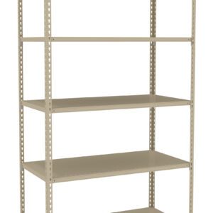 A light gray metal shelving unit with five empty shelves stands against a plain white background. The frame has perforated edges for adjustable shelving positions.