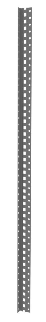A tall, gray metal beam with evenly spaced rectangular and circular holes, used for construction or shelving support, standing vertically against a plain white background.