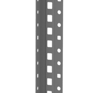 A tall, gray metal beam with evenly spaced rectangular and circular holes, used for construction or shelving support, standing vertically against a plain white background.