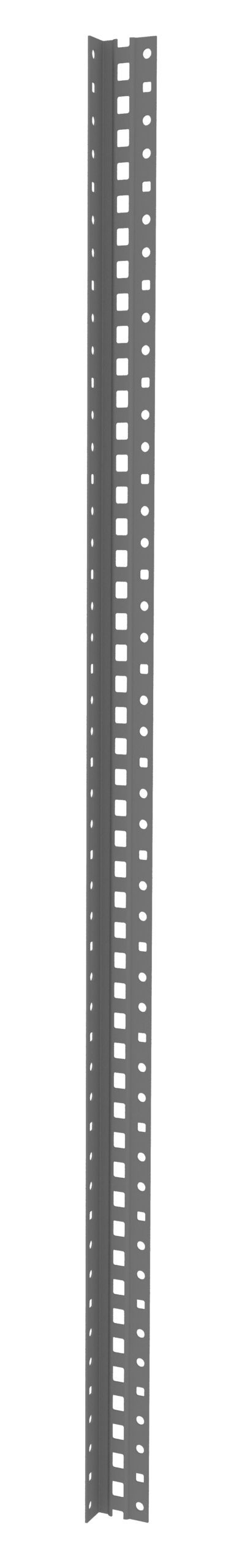 nisuuubrdqvmg7t6lmca.jpg A tall, gray metal beam with evenly spaced rectangular and circular holes, used for construction or shelving support, standing vertically against a plain white background.
