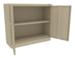 A beige metal storage cabinet with one open door, revealing two shelves inside. The cabinet is empty and stands on four small legs, designed for organizing or storing items securely.