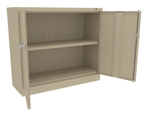 nisyze92mxrygwohpxch.jpg A beige metal storage cabinet with one open door, revealing two shelves inside. The cabinet is empty and stands on four small legs, designed for organizing or storing items securely.