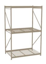 A beige metal storage rack with three shelves. The structure is supported by four vertical posts with diagonal supports. The bottom shelf has a grid pattern, while the upper two have solid surfaces.