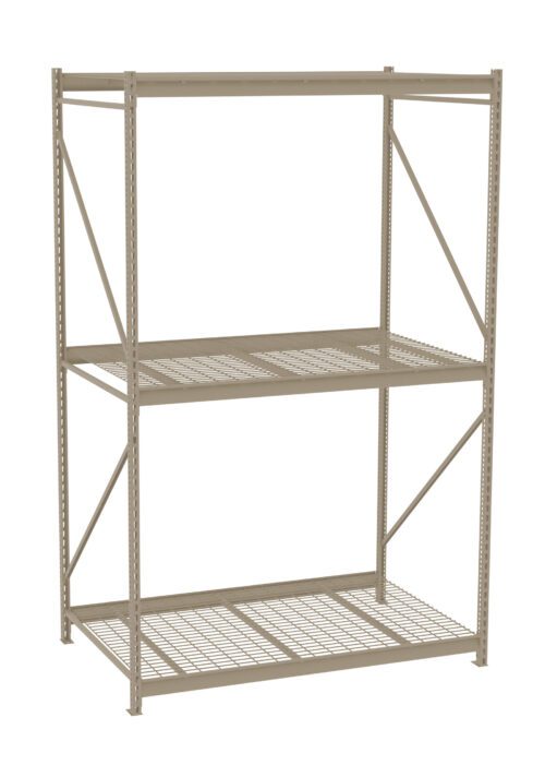 nixcuutt7nvdgk81cyse.jpg A beige metal storage rack with three shelves. The structure is supported by four vertical posts with diagonal supports. The bottom shelf has a grid pattern, while the upper two have solid surfaces.