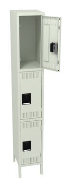 A tall gray metal locker with three compartments. The top compartment is open, showing an empty interior with a vertical latch mechanism on the door. The middle and bottom compartments are closed. Each compartment has a black handle.