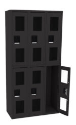 A black locker unit with a 2x3 arrangement, featuring six compartments. Each has a transparent window and a handle. The bottom right compartment door is open, revealing an empty interior.