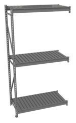A gray, three-tier industrial shelving unit with slatted metal shelves and a sturdy frame. The design is minimalist, suitable for storage in garages, warehouses, or offices. The shelves are evenly spaced and aligned.