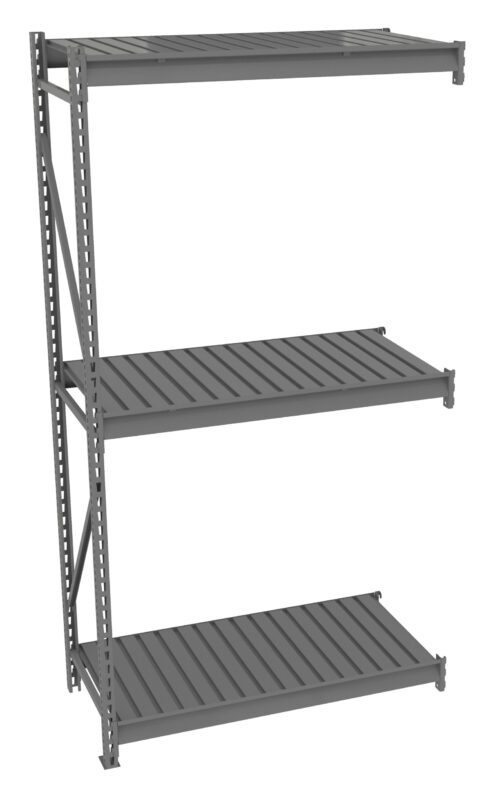 A gray, three-tier industrial shelving unit with slatted metal shelves and a sturdy frame. The design is minimalist, suitable for storage in garages, warehouses, or offices. The shelves are evenly spaced and aligned.