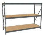 A large, empty metal shelving unit with three wooden shelves. It has a gray frame and is designed for heavy-duty storage. The background is plain white.