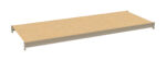 A single, light-colored wooden shelf with a beige surface and gray edges, viewed from a slight angle, isolated on a white background.