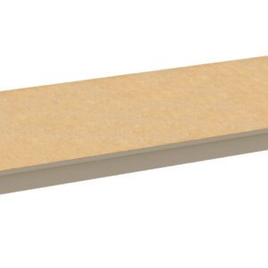 A single, light-colored wooden shelf with a beige surface and gray edges, viewed from a slight angle, isolated on a white background.