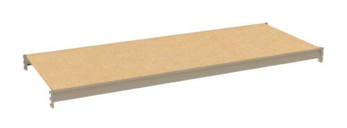 A single, light-colored wooden shelf with a beige surface and gray edges, viewed from a slight angle, isolated on a white background.