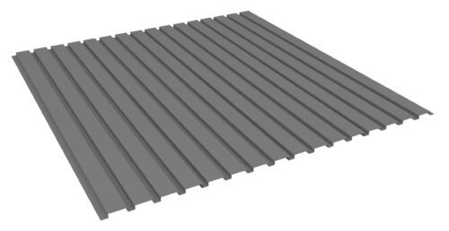 Image of a corrugated metal sheet with parallel ridges running lengthwise. The sheet has a gray, metallic appearance and is shown at an angle, highlighting its three-dimensional structure.