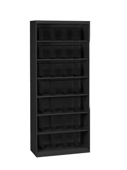 A tall, black metal storage shelf with multiple shelves, each containing several small black storage bins organized in rows. The bins are open at the top for easy access. There are no visible contents in the bins.