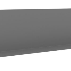 A gray metal shelf with a slanted back, designed for displaying or holding items. The shelf includes side supports and has a minimalist design.