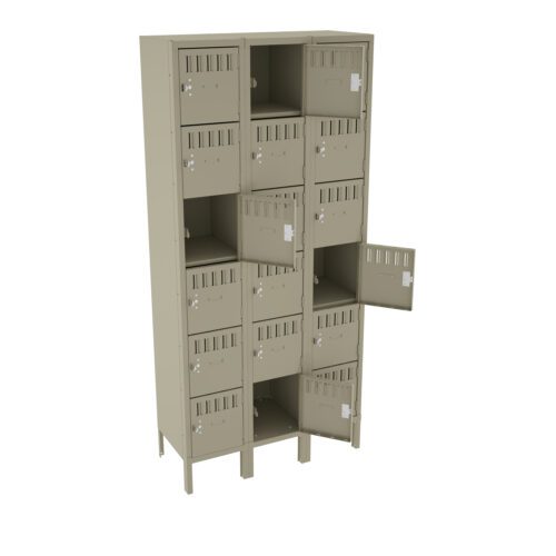A beige metal locker unit with three vertical rows and five horizontal rows. Some doors are open, revealing empty compartments. The lockers have vented slots and metal locks.
