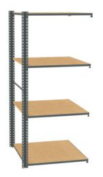 Metal-framed shelving unit with four brown wooden shelves. The frame is dark gray with multiple holes for adjusting the shelf positions. The structure is simple and industrial in style, suitable for storage or organizing spaces.