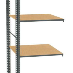 Metal-framed shelving unit with four brown wooden shelves. The frame is dark gray with multiple holes for adjusting the shelf positions. The structure is simple and industrial in style, suitable for storage or organizing spaces.