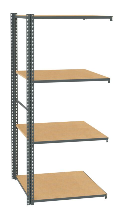 Metal-framed shelving unit with four brown wooden shelves. The frame is dark gray with multiple holes for adjusting the shelf positions. The structure is simple and industrial in style, suitable for storage or organizing spaces.
