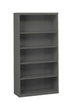 Gray metal bookshelf with five evenly spaced shelves, standing empty and viewed from a slight angle against a white background.