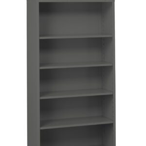 Gray metal bookshelf with five evenly spaced shelves, standing empty and viewed from a slight angle against a white background.