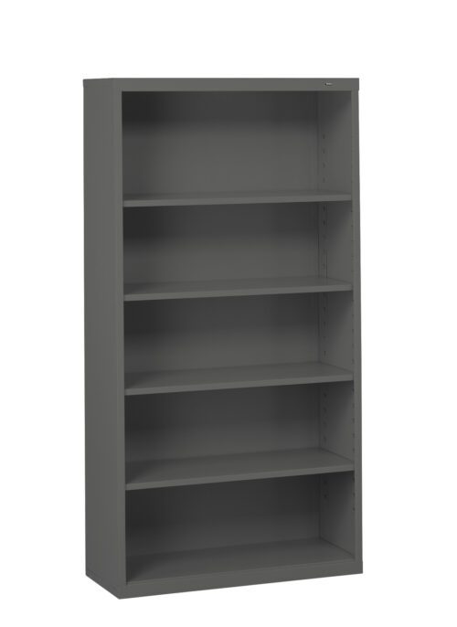 Gray metal bookshelf with five evenly spaced shelves, standing empty and viewed from a slight angle against a white background.