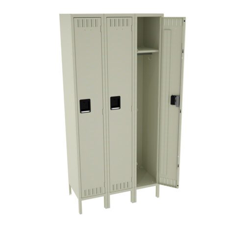 Three beige metal lockers are shown. Two lockers are closed, while the one on the right is open, revealing a shelf and a hook inside. They have black handles and small vents at the bottom.
