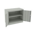 A grey metal cabinet with two open doors revealing two shelves. The cabinet is shown against a plain white background.