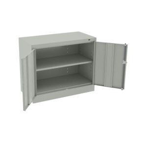 A grey metal cabinet with two open doors revealing two shelves. The cabinet is shown against a plain white background.