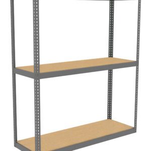 A three-tier gray metal shelving unit with wooden shelves, viewed from the front. The unit is empty, showing its simple and sturdy rectangular design, suitable for storage or organizing items.