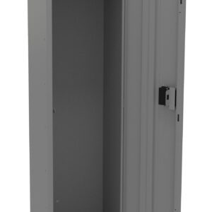 A tall, open metal storage locker with a hinged door. Inside, there is a horizontal rod for hanging items. The locker is empty, made of a gray metallic material, and has ventilation slots on the door.