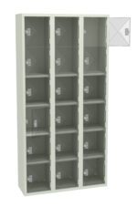 A metal locker unit with four vertical columns, each containing three compartments with individual transparent doors. The locker is light gray in color, and doors have a square lock mechanism. Theres a detached door illustrated at the top right.