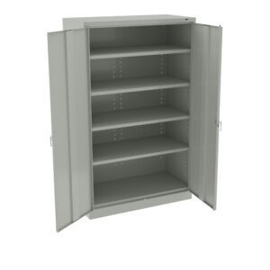 A metal storage cabinet with two open doors revealing five adjustable shelves. The cabinet is plain and light gray, designed for organizing and storing items.