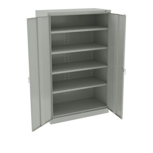 A metal storage cabinet with two open doors revealing five adjustable shelves. The cabinet is plain and light gray, designed for organizing and storing items.