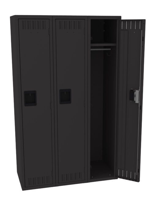 nlszqjcvpwxsp0yeqh8e.jpg A black three-door locker unit with one door open, revealing an empty interior with a shelf and a hanging rod. The other two doors are closed.