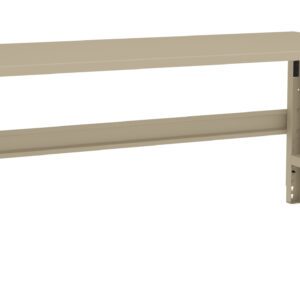 A beige, rectangular industrial workbench with adjustable legs and a flat tabletop. It features a sturdy design with a horizontal support bar beneath the tabletop and pre-drilled holes in the legs for height adjustment.