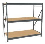 A metal storage shelf with three wooden tiers, featuring grey metal supports and open sides. The shelves are evenly spaced and ideal for organizing items in a garage, warehouse, or workshop.